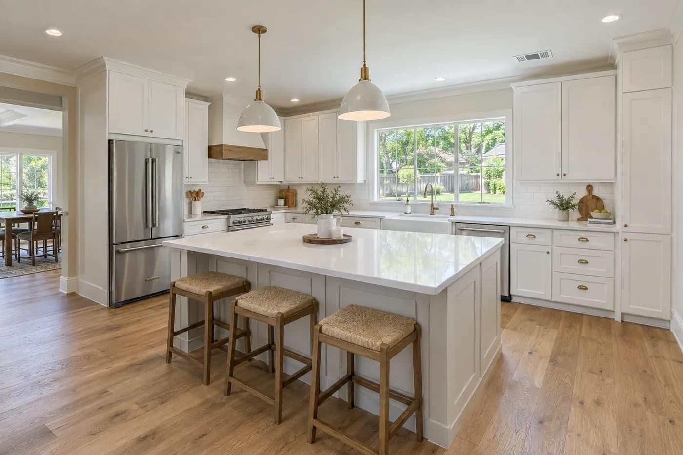 Sample listing photo of a renovated kitchen with white cabinets, a large island with three stools, pendant lights and a window over the sink