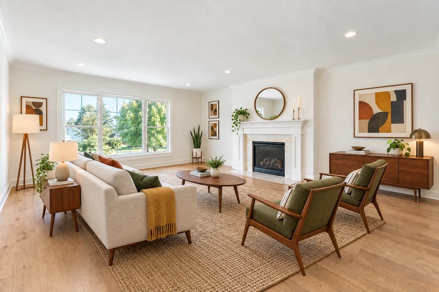 The same living room virtually staged in a mid-century modern style, with a sofa, two lounge chairs, a rug and a sideboard